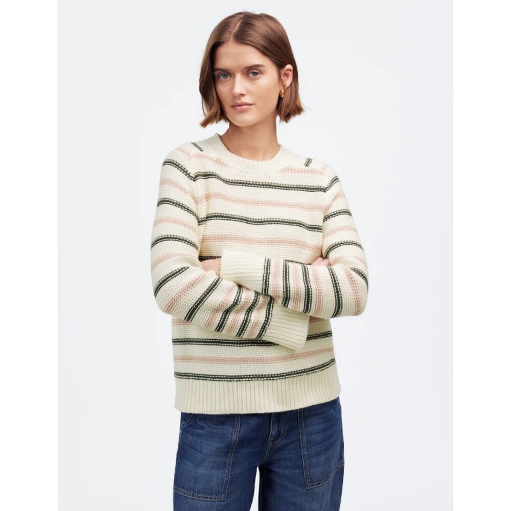 Madewell Cotton Crewneck Sweater WMNS S Dark Loden Stripe Pullover Long Sleeve